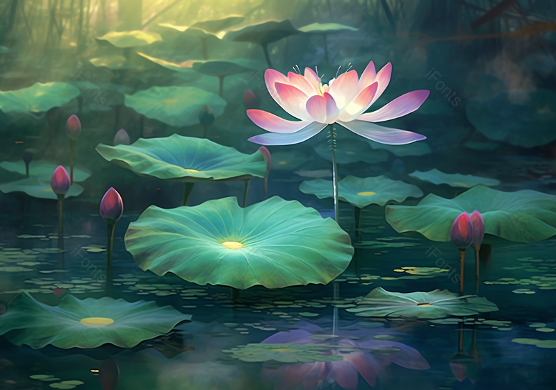 绿色大荷叶中盛开的荷花,插画/手绘图,插画/手绘图库,插画/手绘图下载,插画/手绘